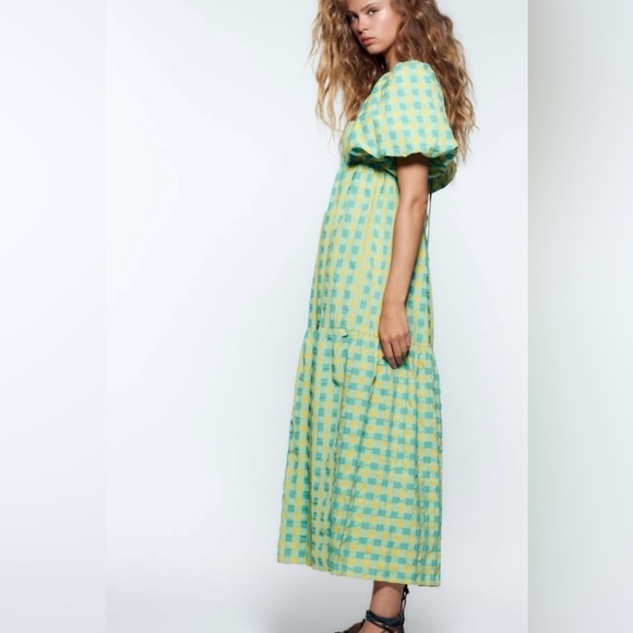 Blogger Favorite Zara Pastel Blue Yellow Puff Sleeve Dress Checkered size Small - Picture 7 of 7